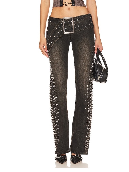 Jaded London Denim - Jaded London Black/Dark Wash Studded Boot Cut Jeans with Wide Buckle
